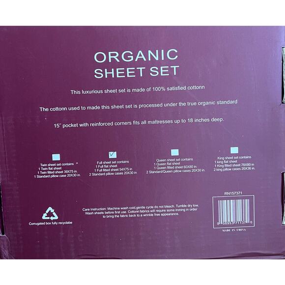 Tree Organic 100% Cotton FULL  Sheet Set 2000 Thread Count 4 Piece MAROON - Picture 2 of 2